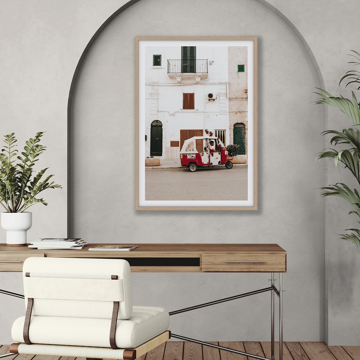 Groovy Piaggio Puglia Italian wall art natural oak framed print styled in a room