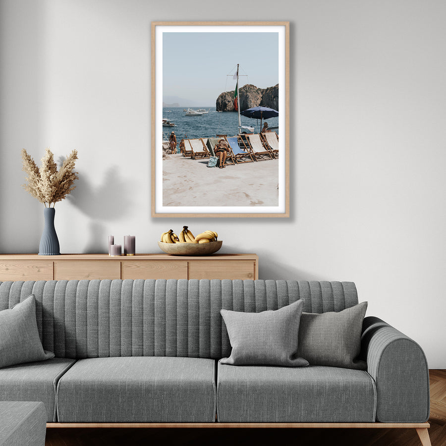 Vintage Sun Goddess Italian decor wall art natural oak framed print styled in a room