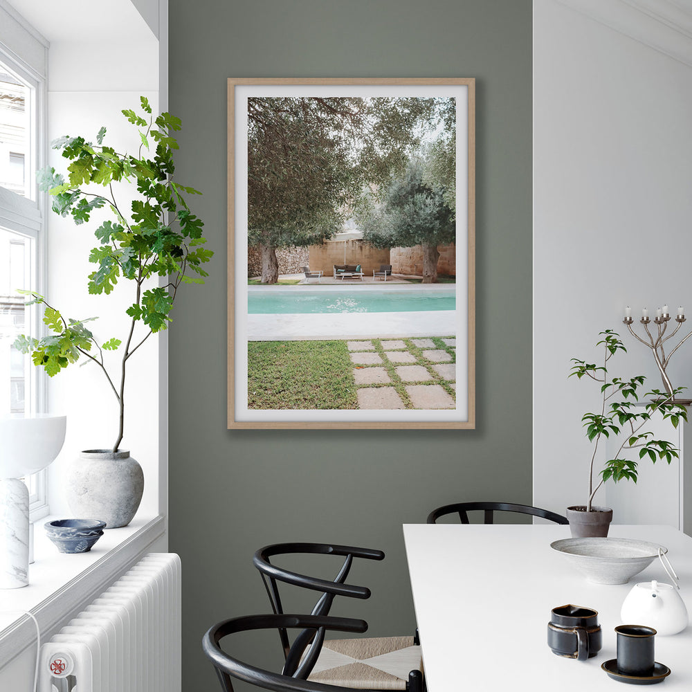 Idyllic Escape Puglia Mediterranean wall art natural oak framed print styled in a room