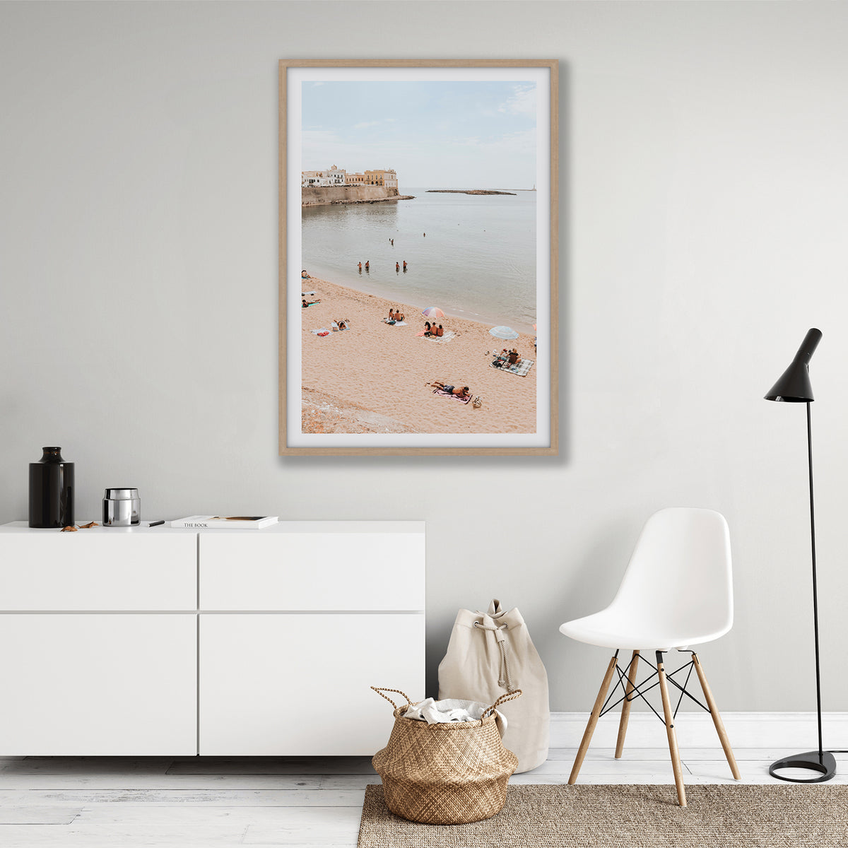 Spiaggia della Purita Puglia coastal art print natural oak framed print styled in a room