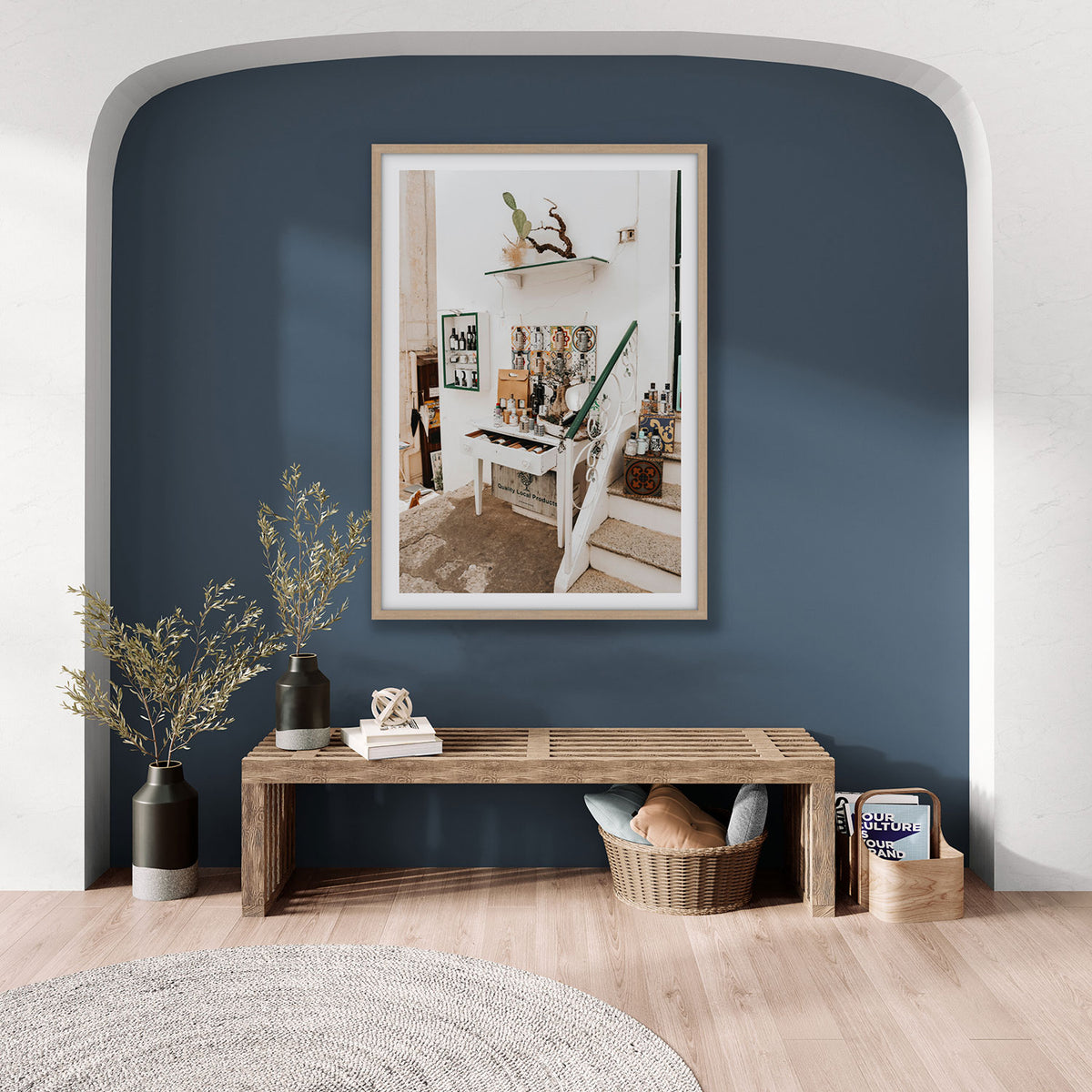 Liquid Gold Puglia Italian wall art natural oak framed print styled in a room