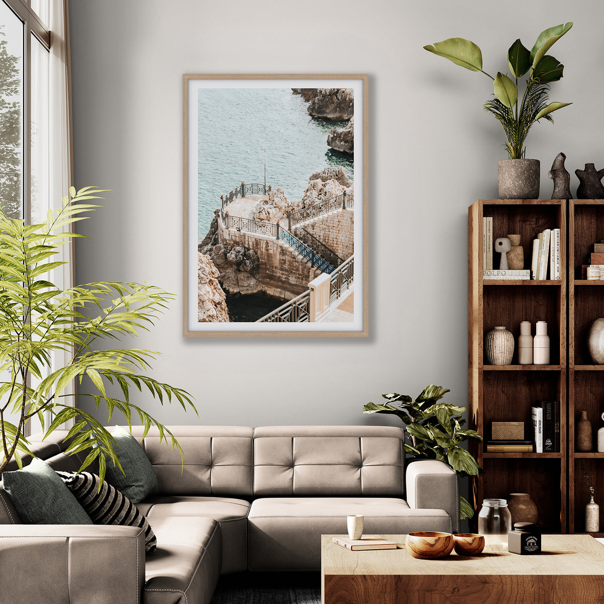 Tidal Staircase Puglia coastal Italian wall art natural oak framed print styled in a room