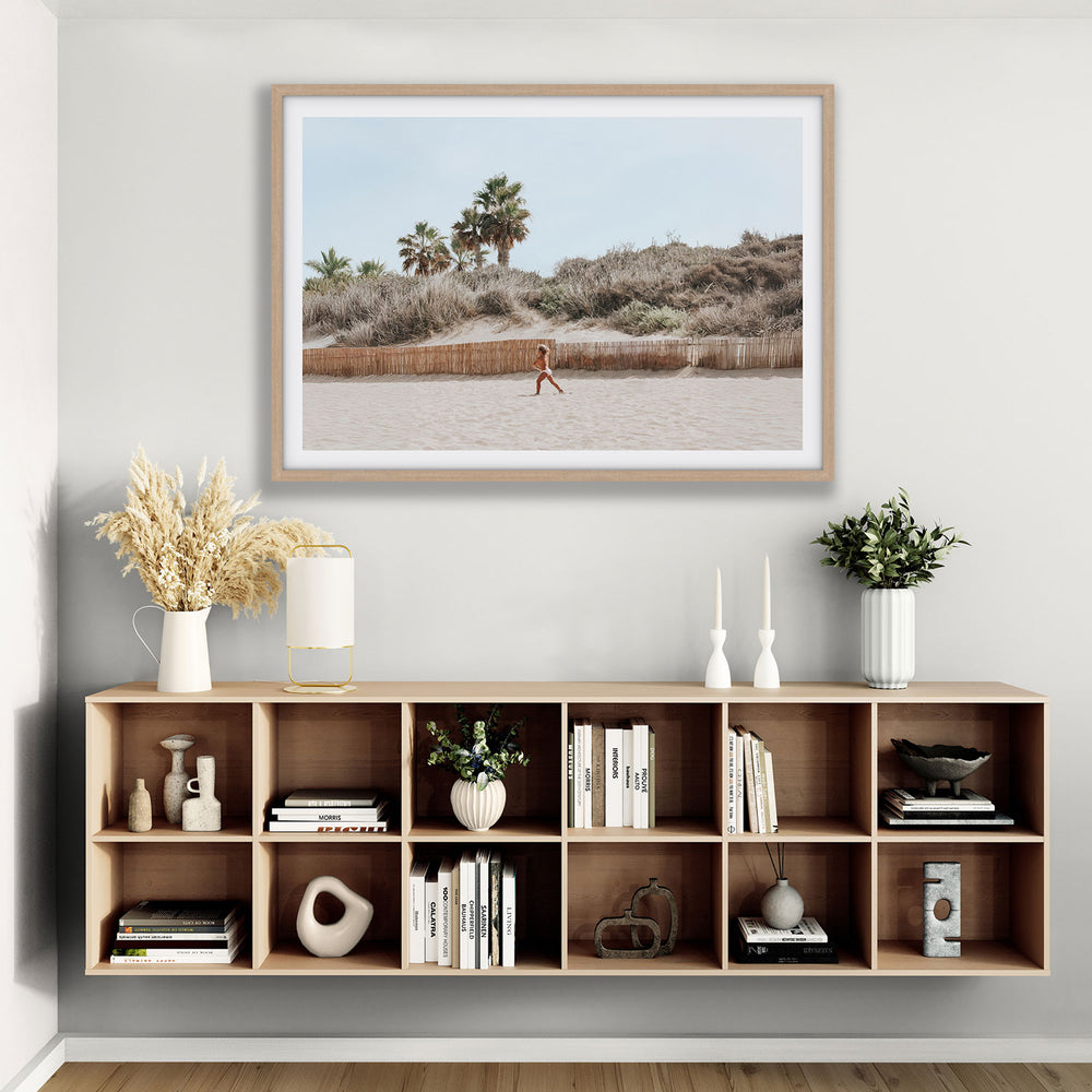 Ragazza Da Spiaggia Puglia beach Italian fine art print natural oak framed print styled in a room