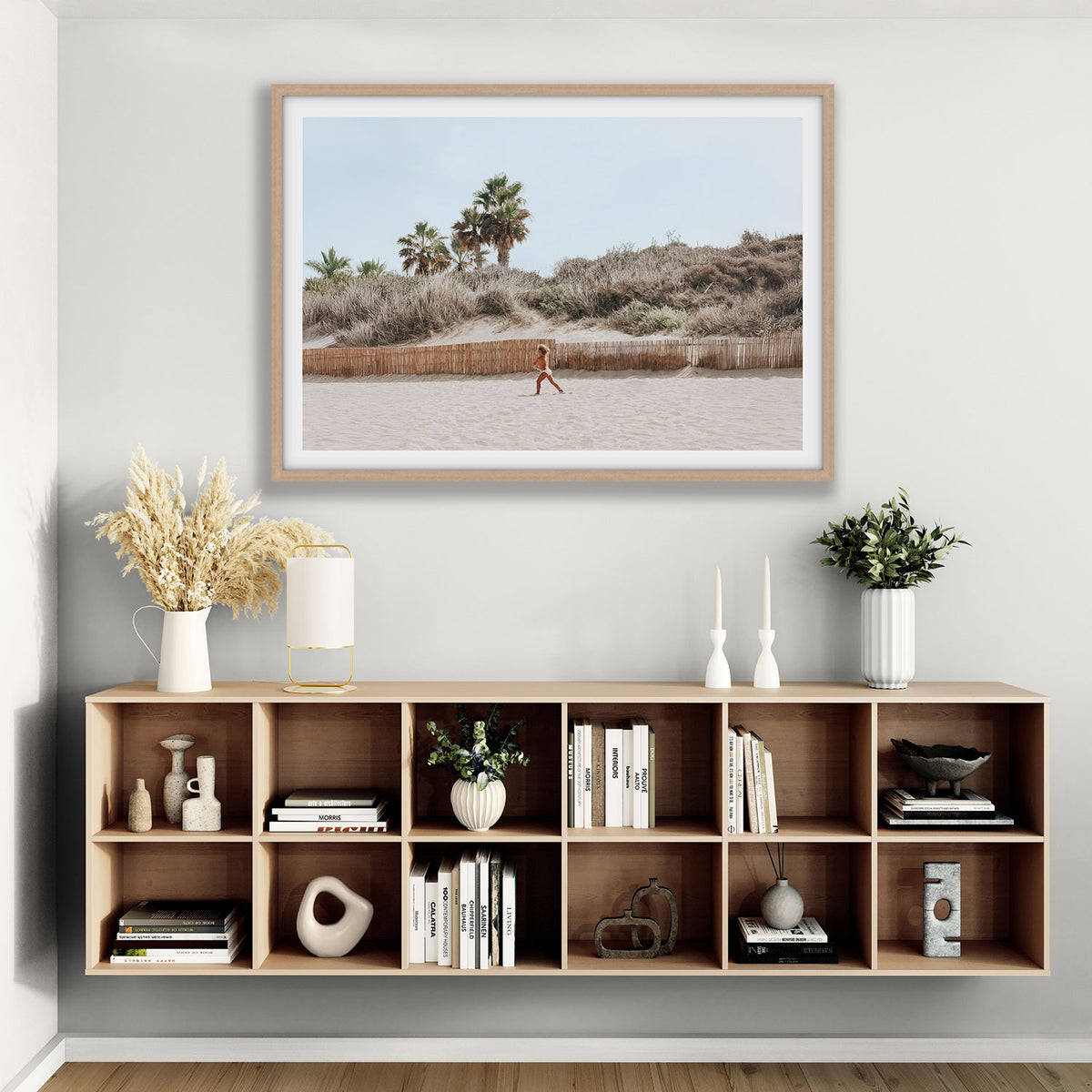 Ragazza Da Spiaggia Puglia beach Italian fine art print natural oak framed print styled in a room