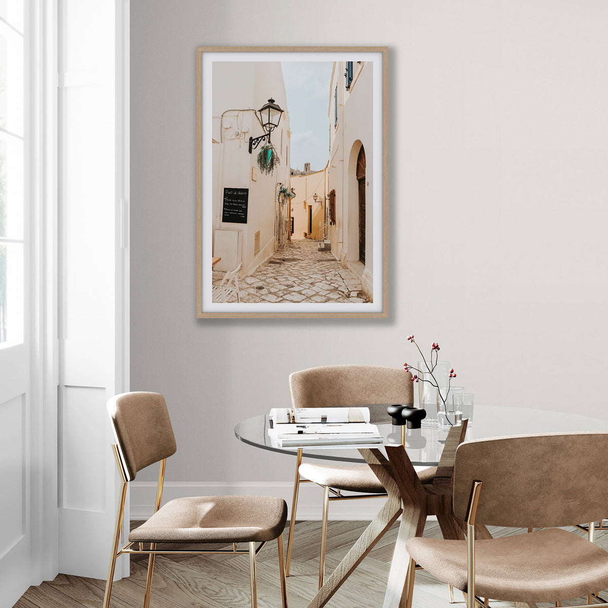 Twilight Passage Puglia Italian wall art natural oak framed print styled in a room