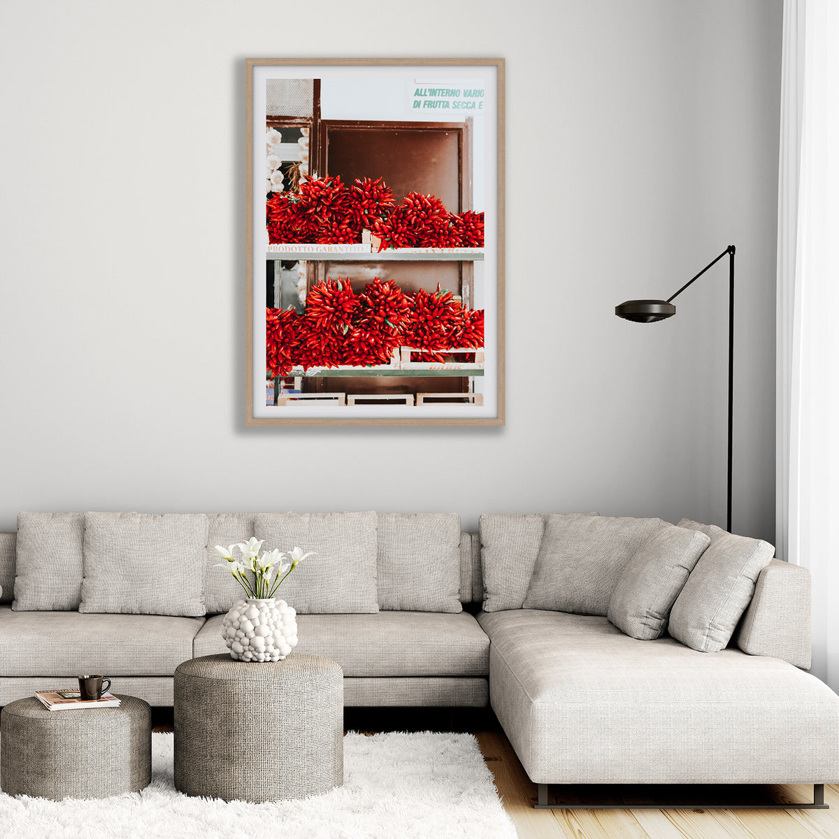 Hot Harvest Puglia Italian wall art natural oak framed print styled in a room