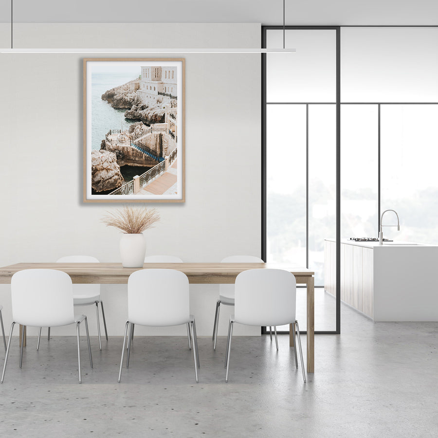 Wellness Centre Puglia coastal wall art natural oak framed print styled in a room