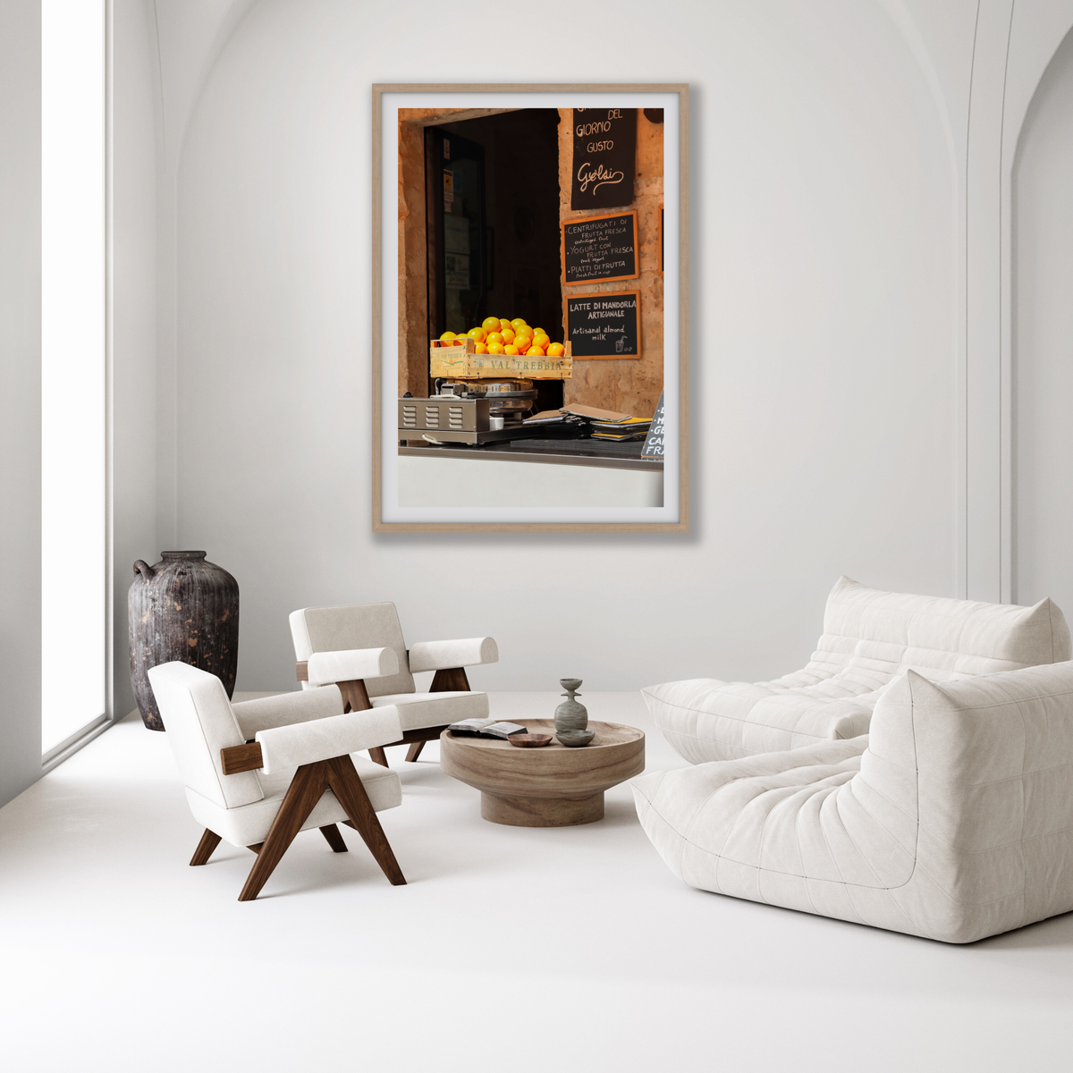 Luminous Citrus Puglia Ostuni Italian wall art natural oak framed print styled in a room