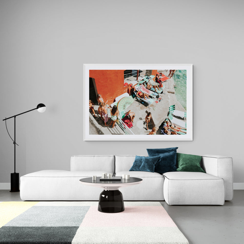 Italianita Capri beach Mediterranean wall art white framed print styled in a lounge