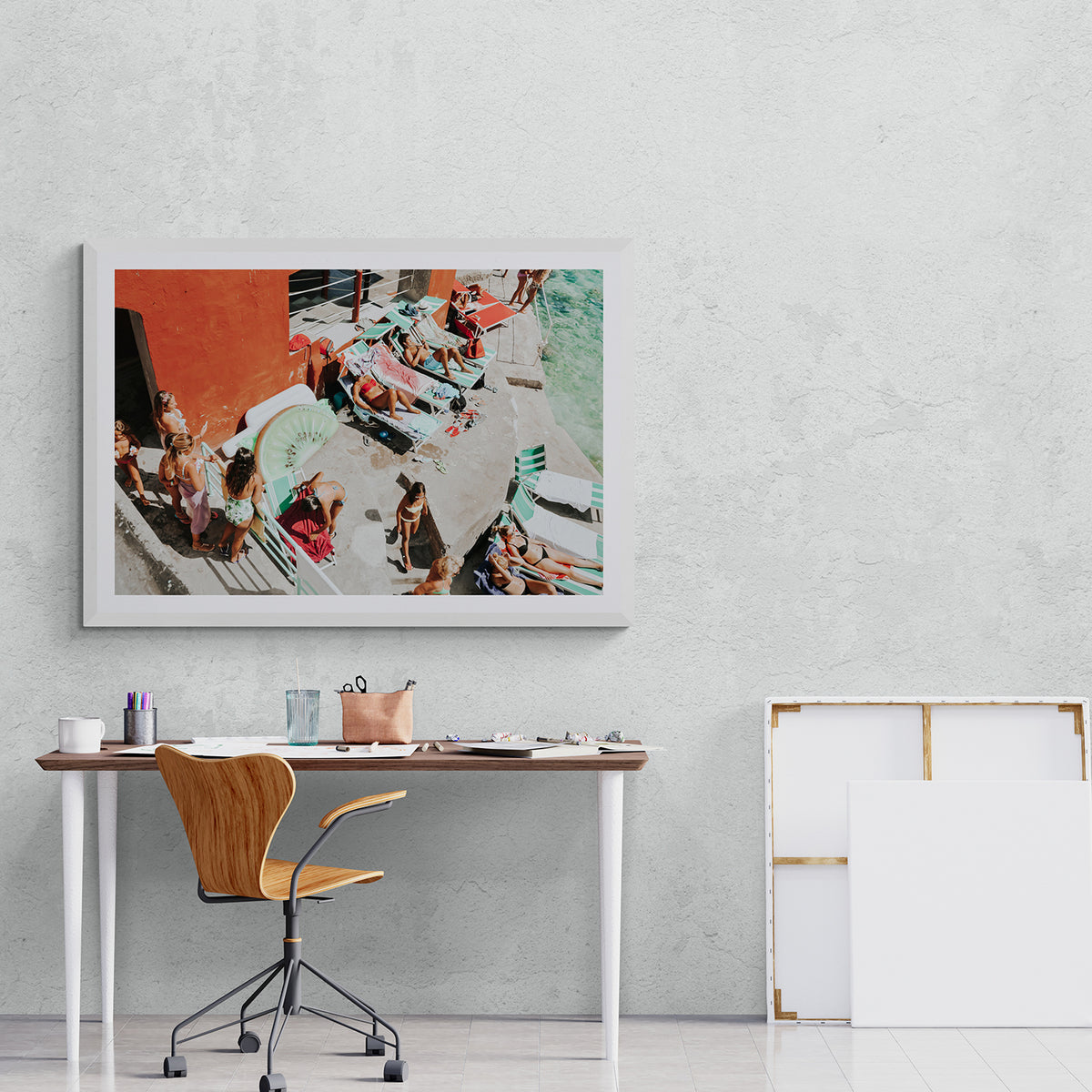 Italianita Capri beach Mediterranean wall art white framed print styled in a room