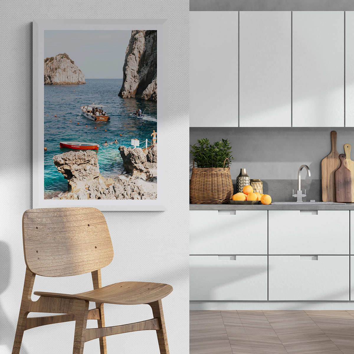 Set Sail framed wall art print styled in a kitchen interior