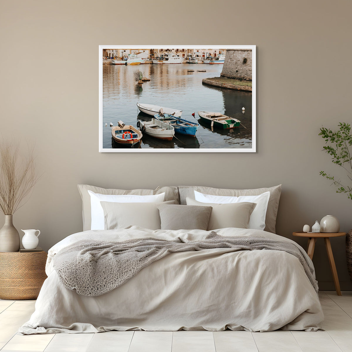 Cinque Barche Puglia Gallipoli Italian art print white framed print styled in a room