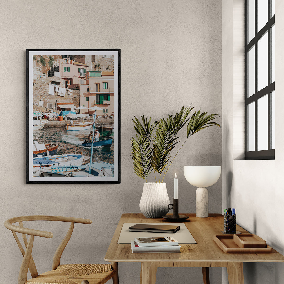 Coastal Carousel framed wall art print styled in a home office interior