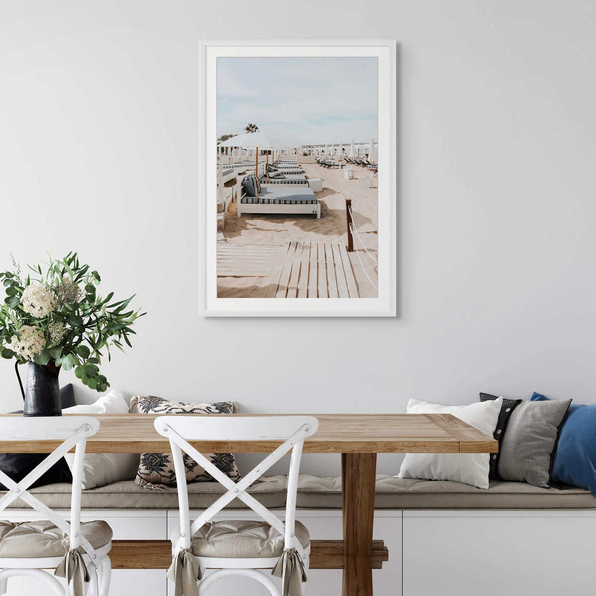 Coastal Repose Puglia beach Mediterranean fine art print white framed print styled in a room