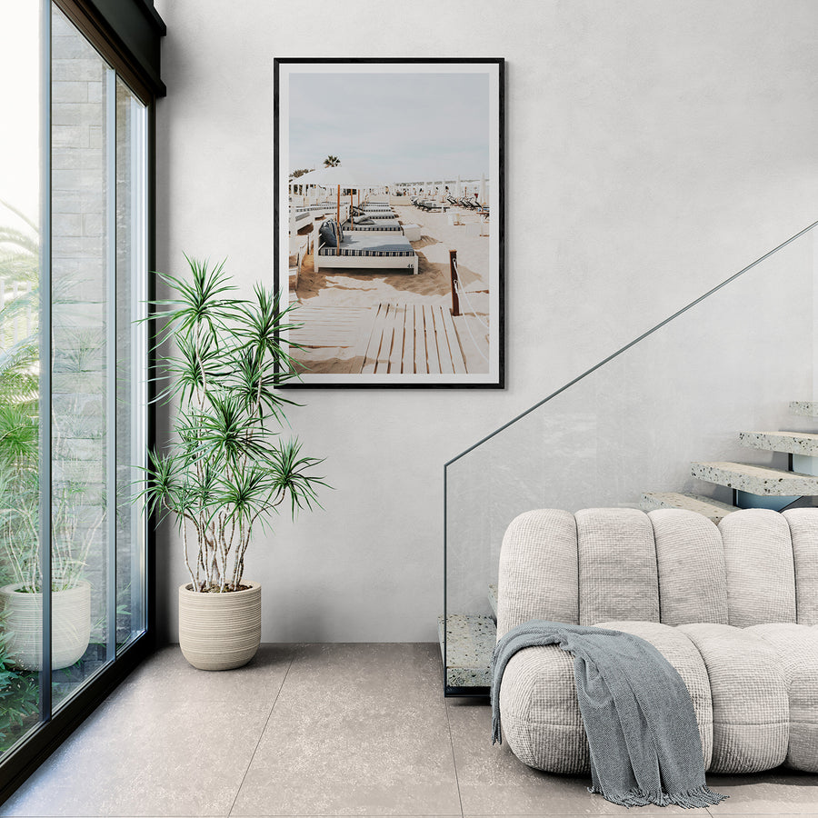 Coastal Repose Puglia beach Mediterranean fine art print black framed print styled in a room