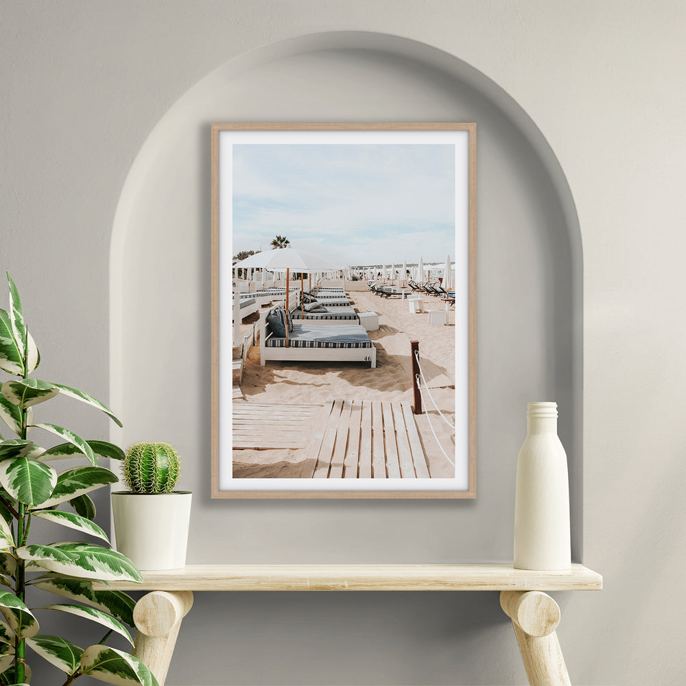 Coastal Repose Puglia beach Mediterranean fine art print natural oak framed print styled in a room
