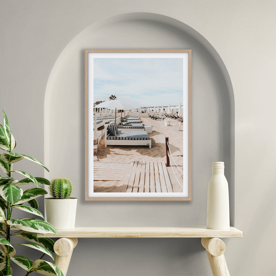 Coastal Repose Puglia beach Mediterranean fine art print natural oak framed print styled in a room