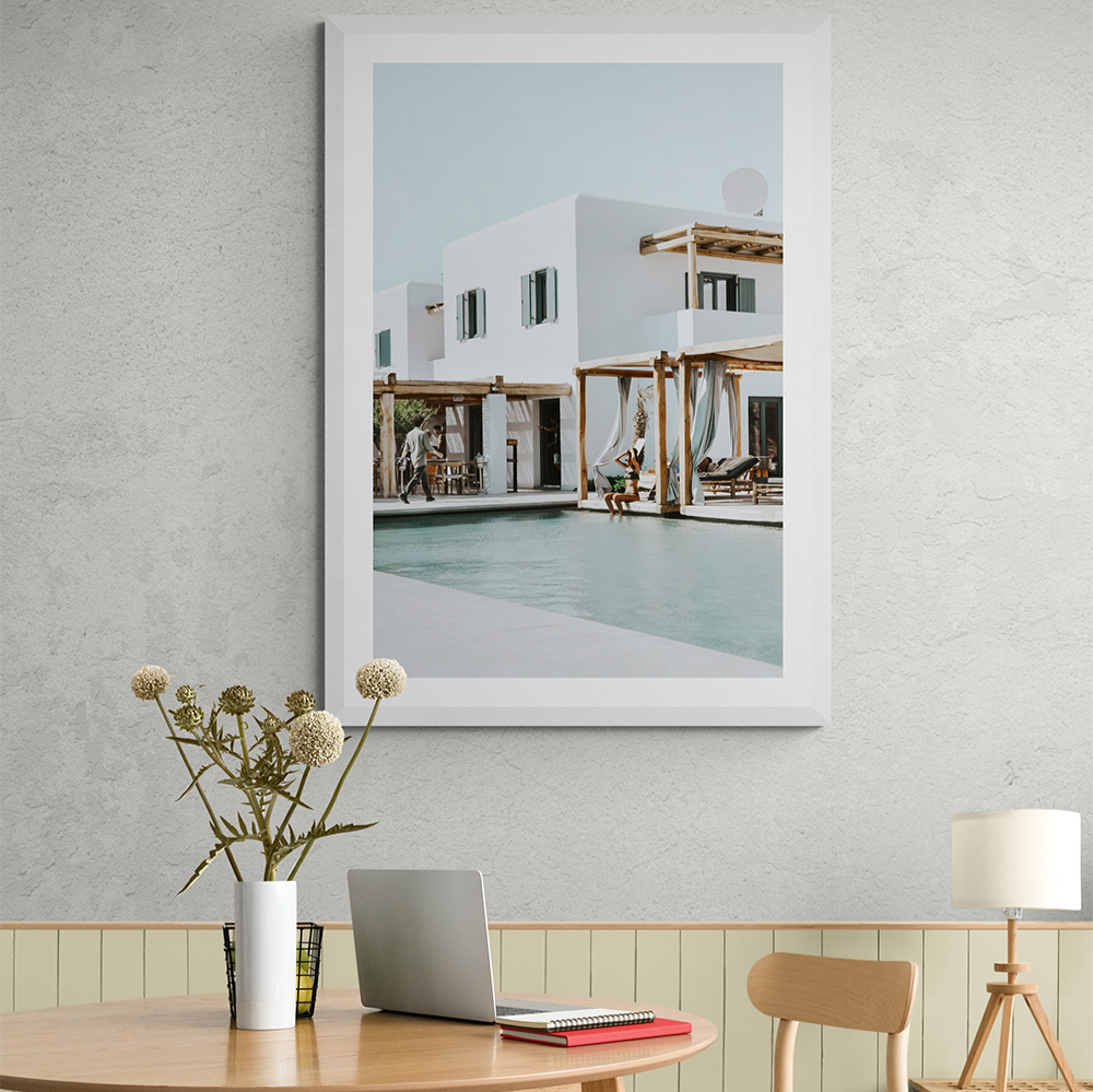Aphrodite Mykonos Greek island wall art white framed print styled in a room