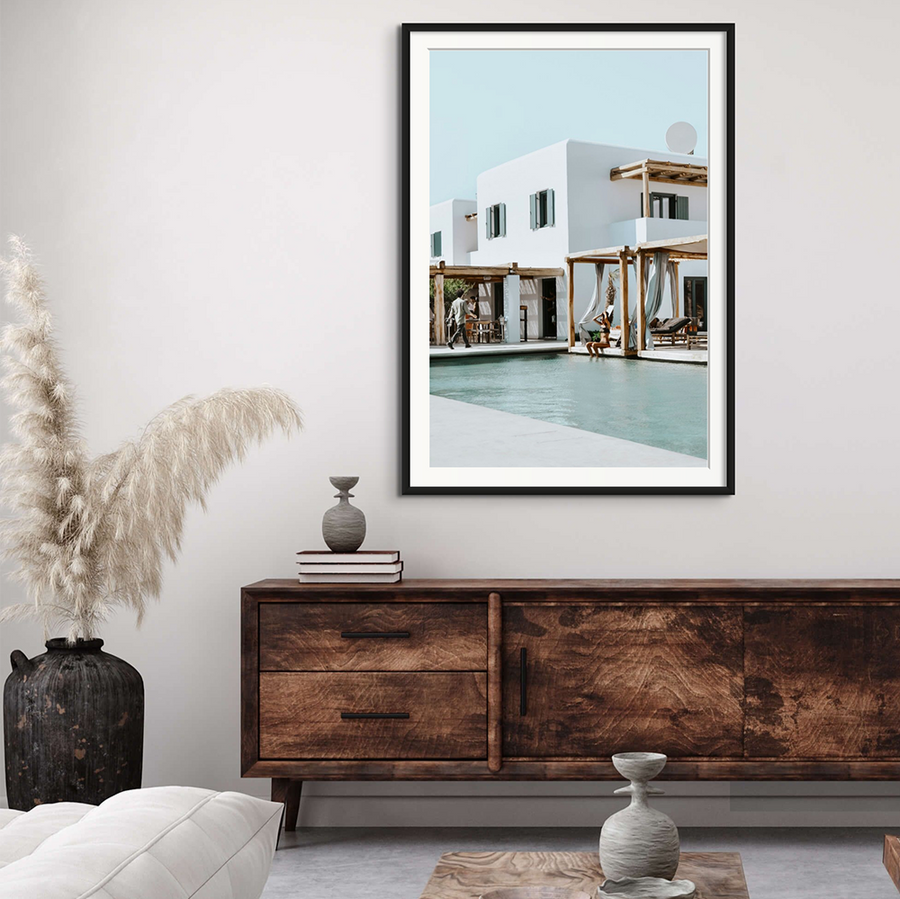Aphrodite Mykonos Greek island wall art black framed print styled in a room