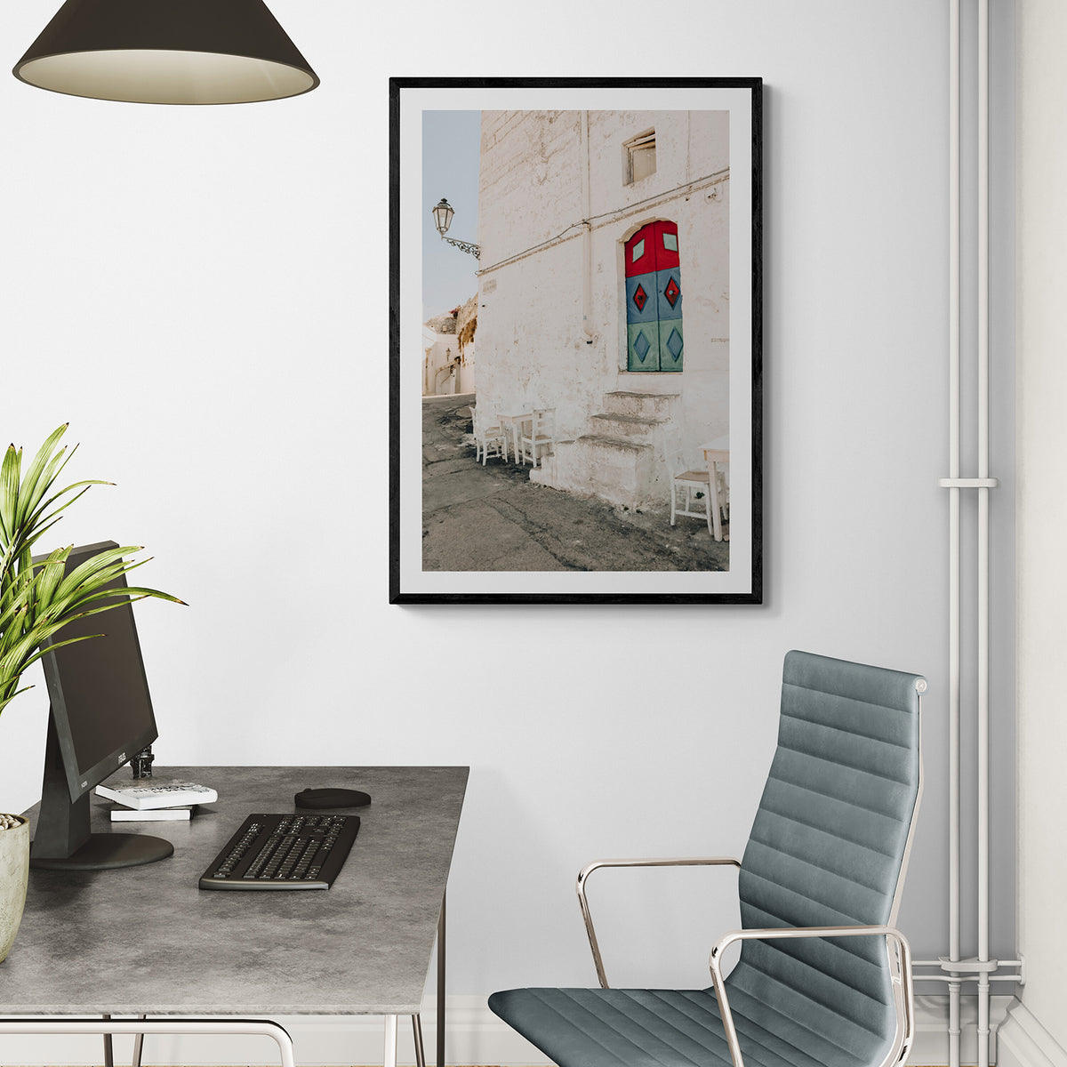 Doorway Delight Puglia Ostuni wall art black framed print styled in a room
