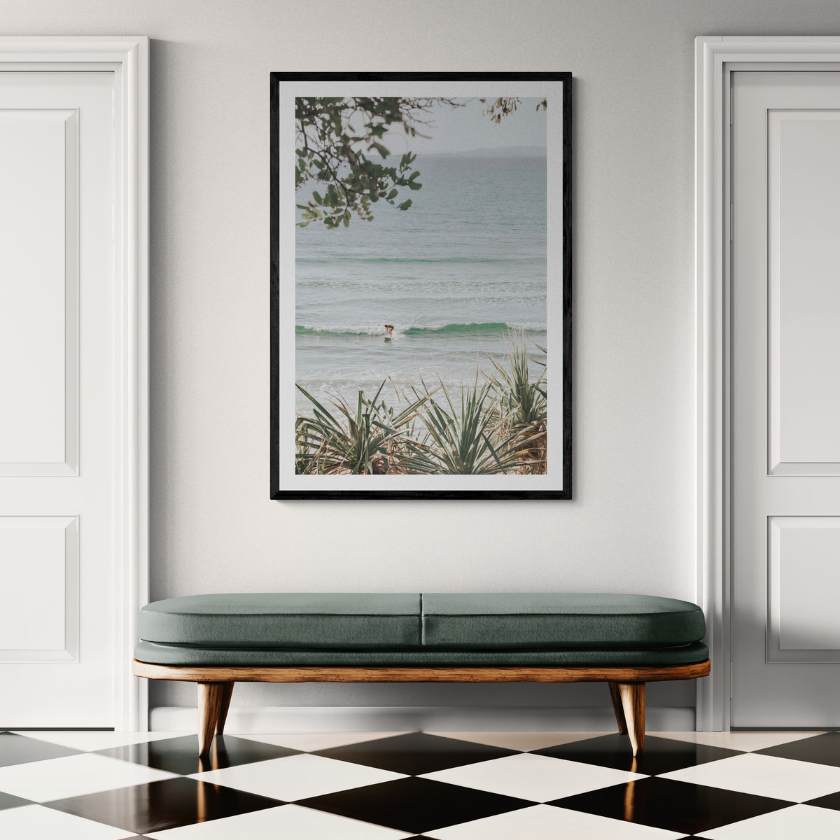 Product mockup of Dream Boat fine art print in black frame styled in a room
