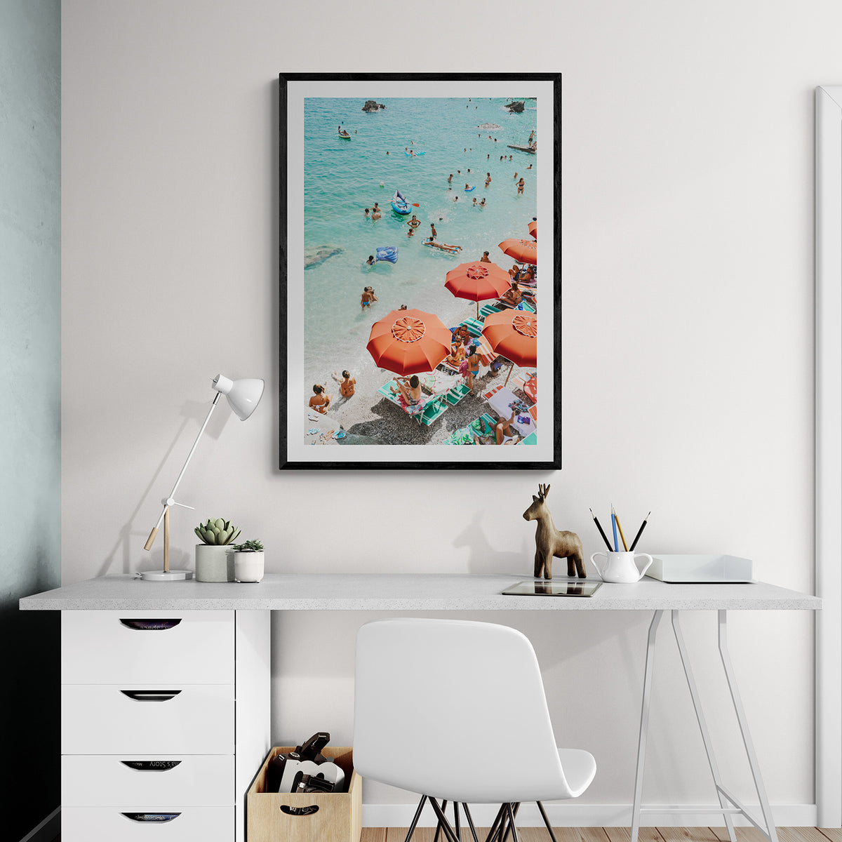 Easy Street Capri Italian beach wall art black framed print styled in a room
