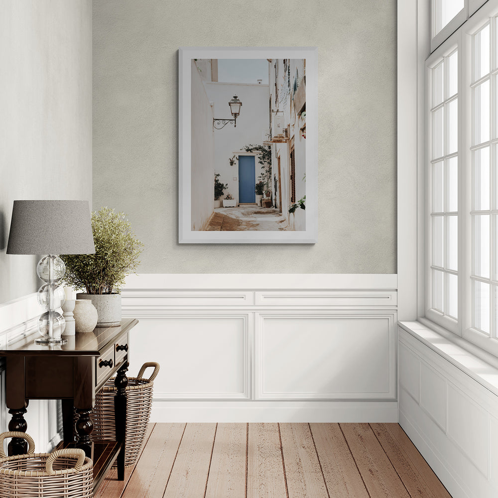 Entry Envy Puglia Ostuni wall art white framed print styled in a room