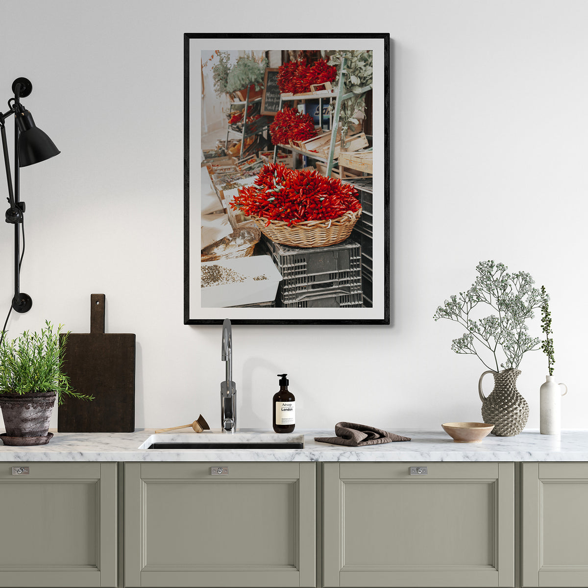 Fiery Cluster Puglia Italian wall art black framed print styled in a room