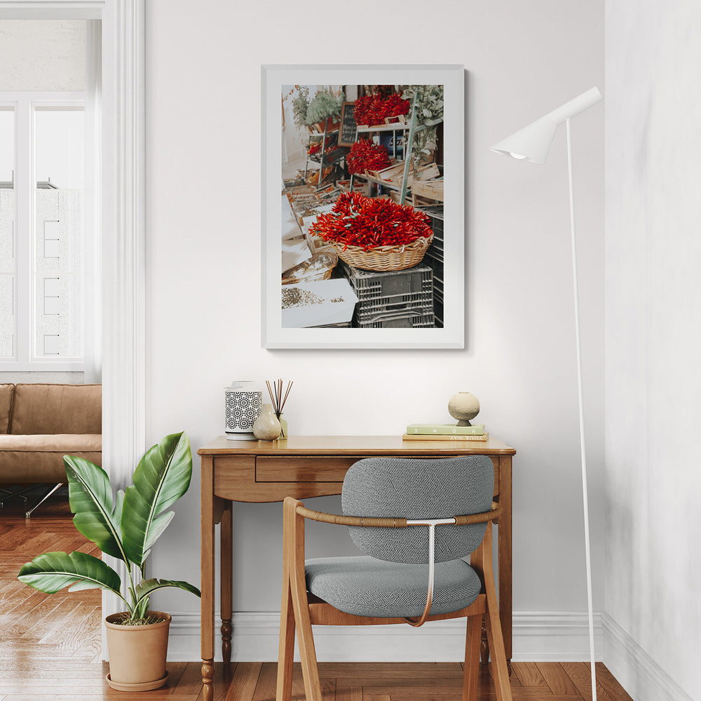 Fiery Cluster Puglia Italian wall art white framed print styled in a room