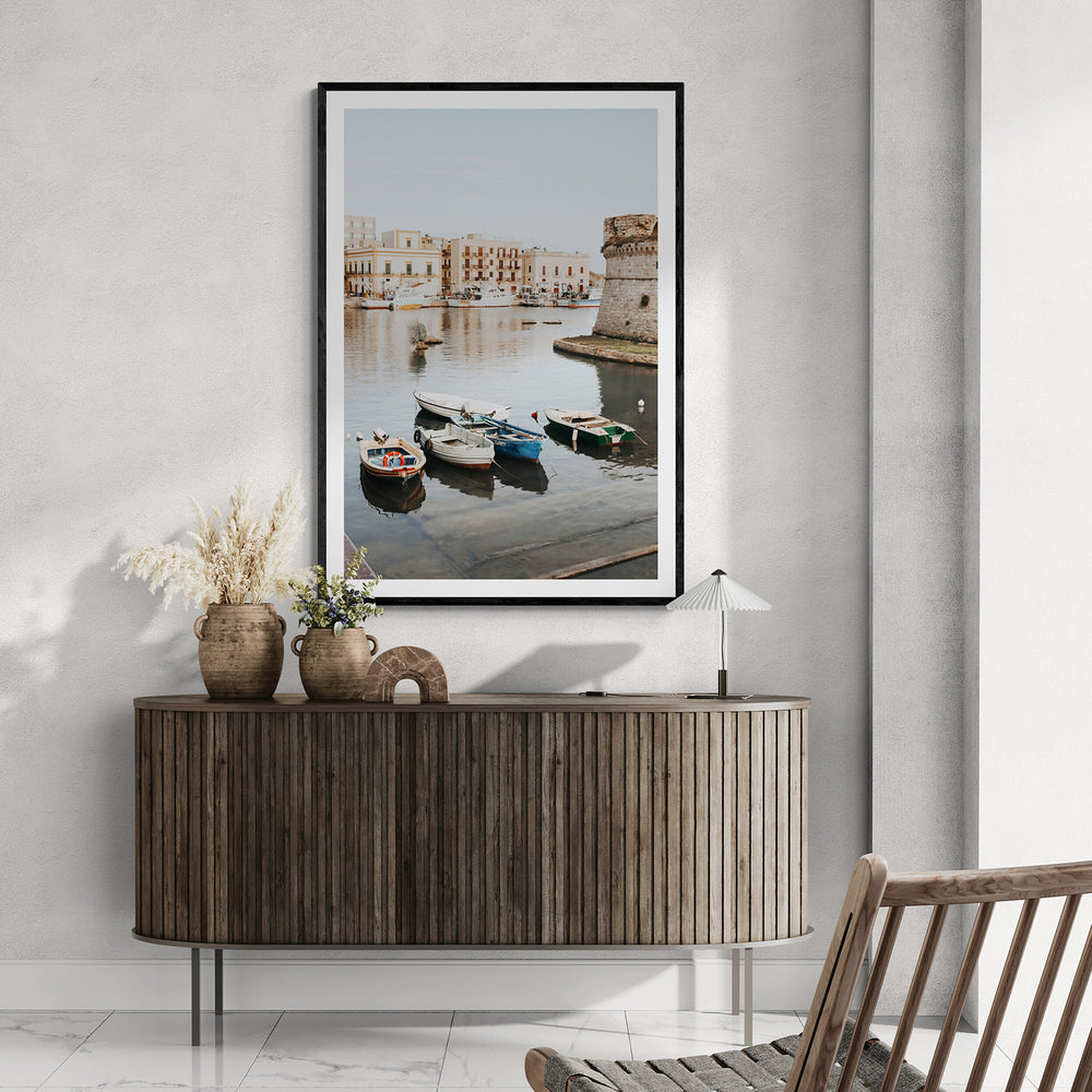 Fishing Legacy Puglia Gallipoli coastal decor wall art black framed print styled in a room