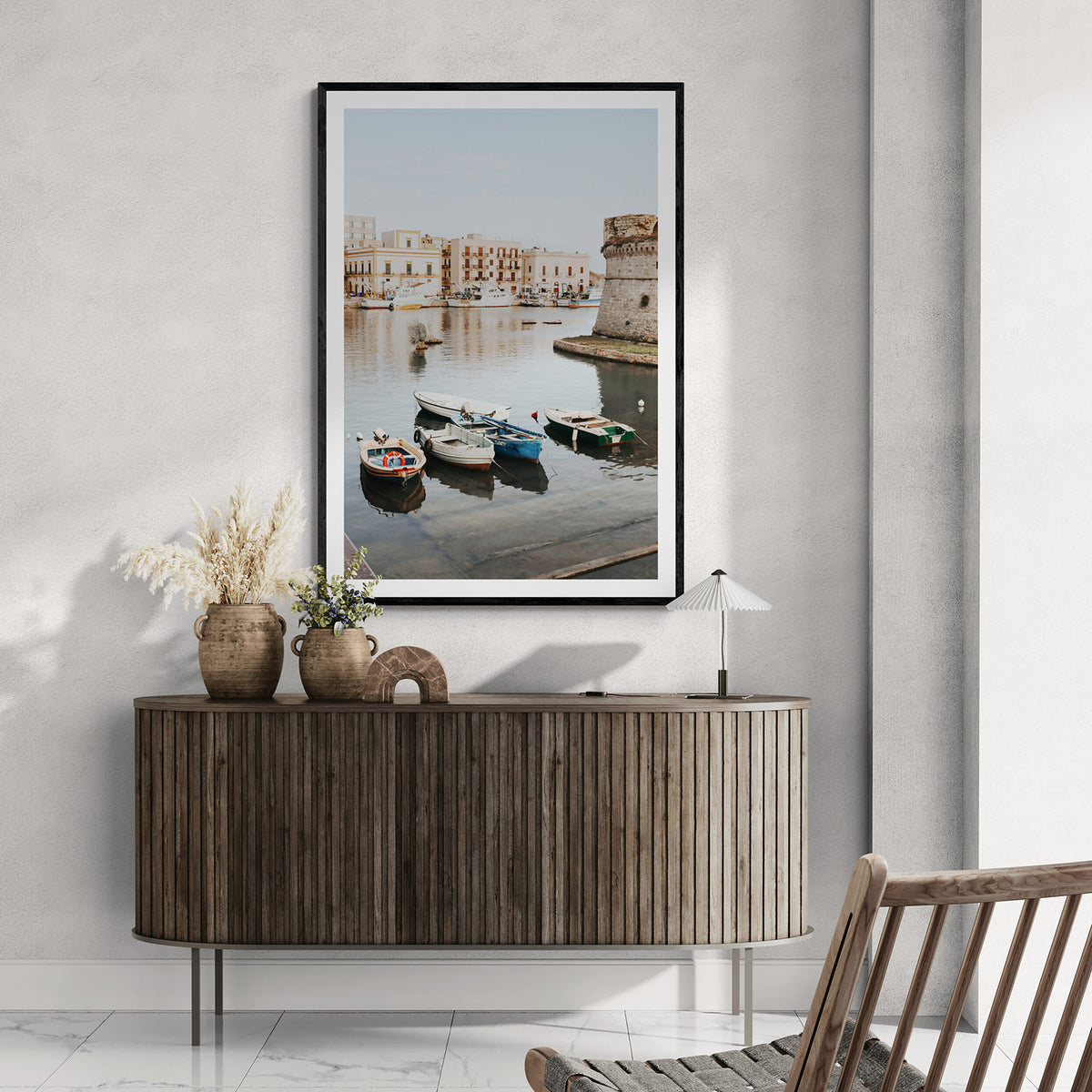 Fishing Legacy Puglia Gallipoli coastal decor wall art black framed print styled in a room