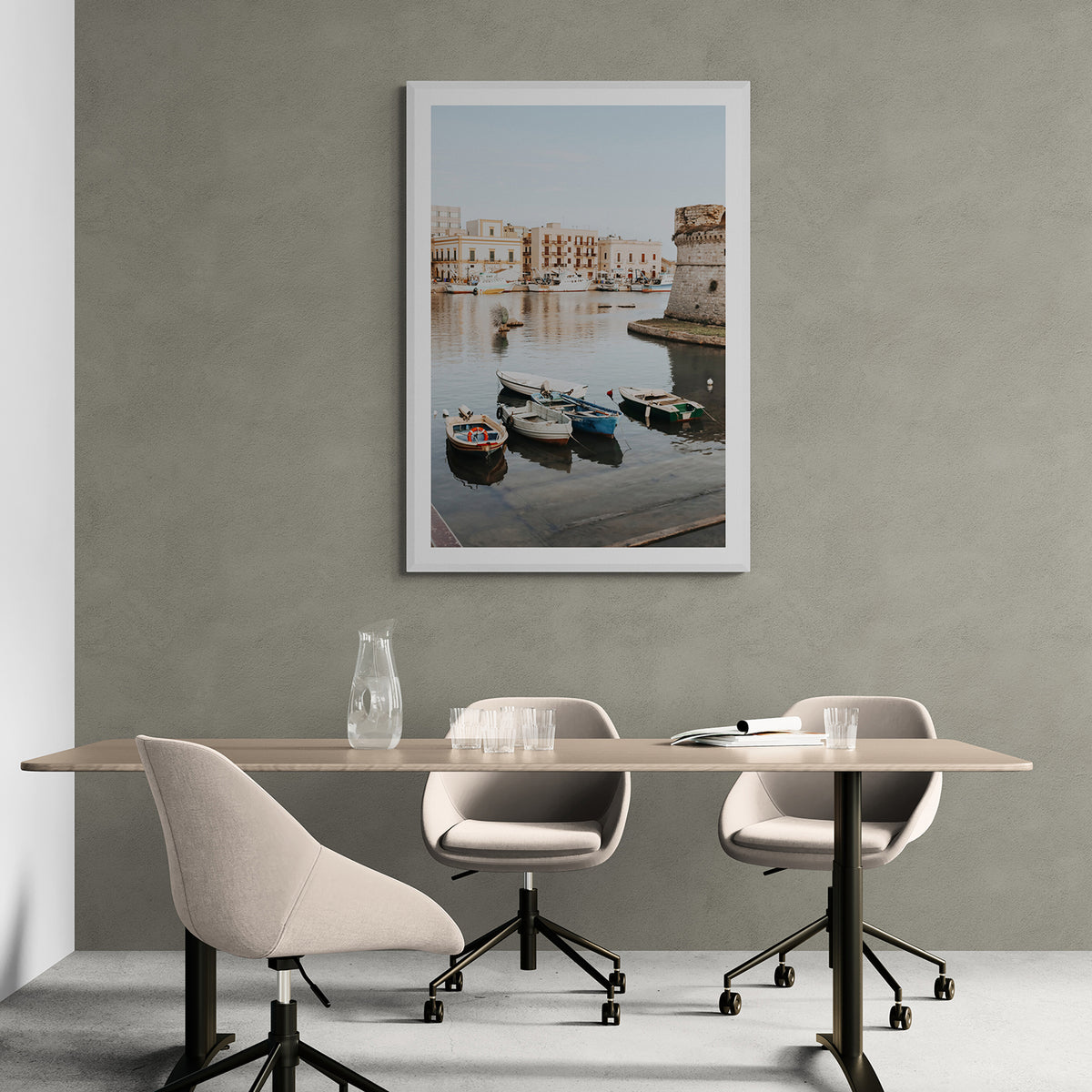 Fishing Legacy Puglia Gallipoli coastal decor wall art white framed print styled in a room