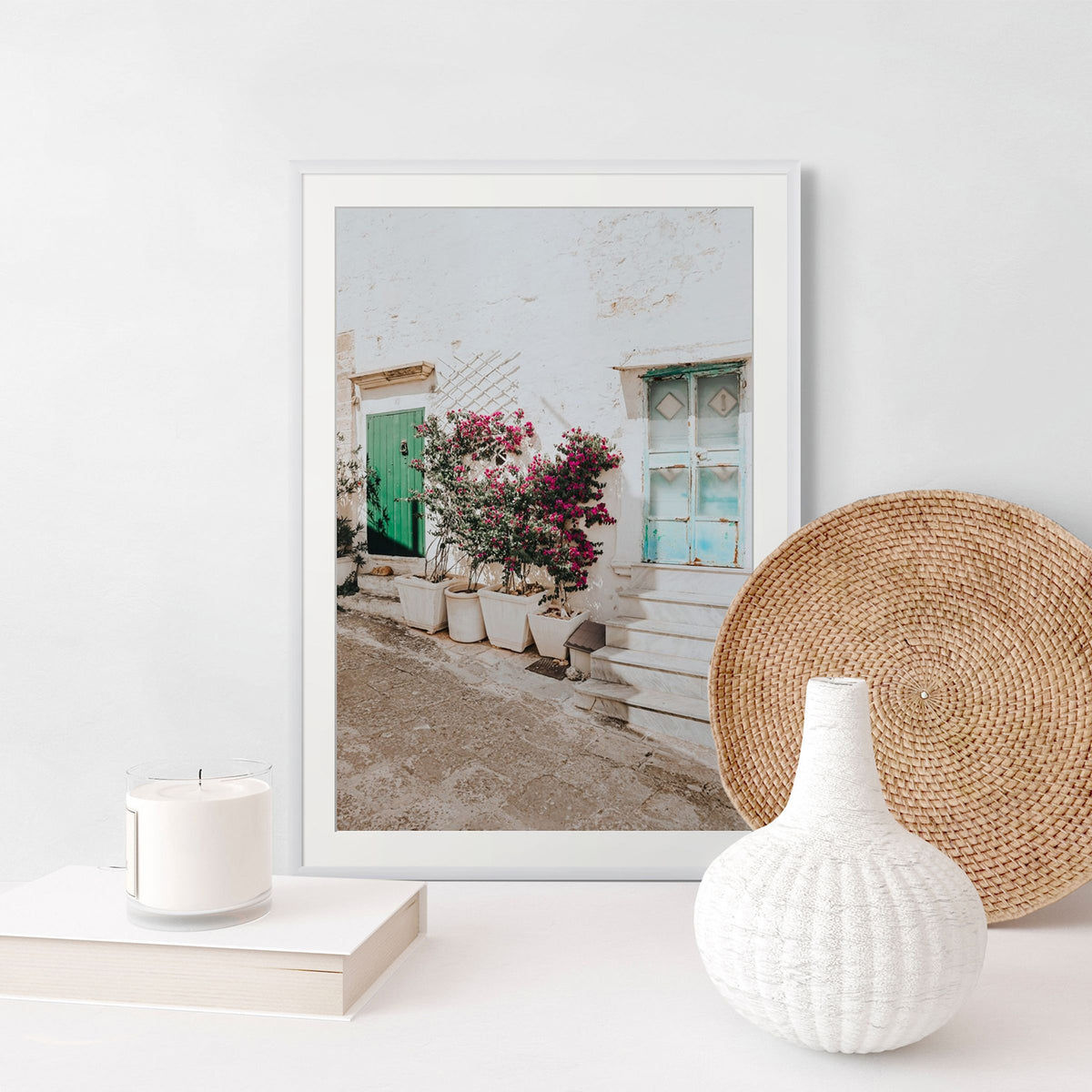 Floral Canvas Puglia Ostuni wall art fine art canvas in white frame styled in a room