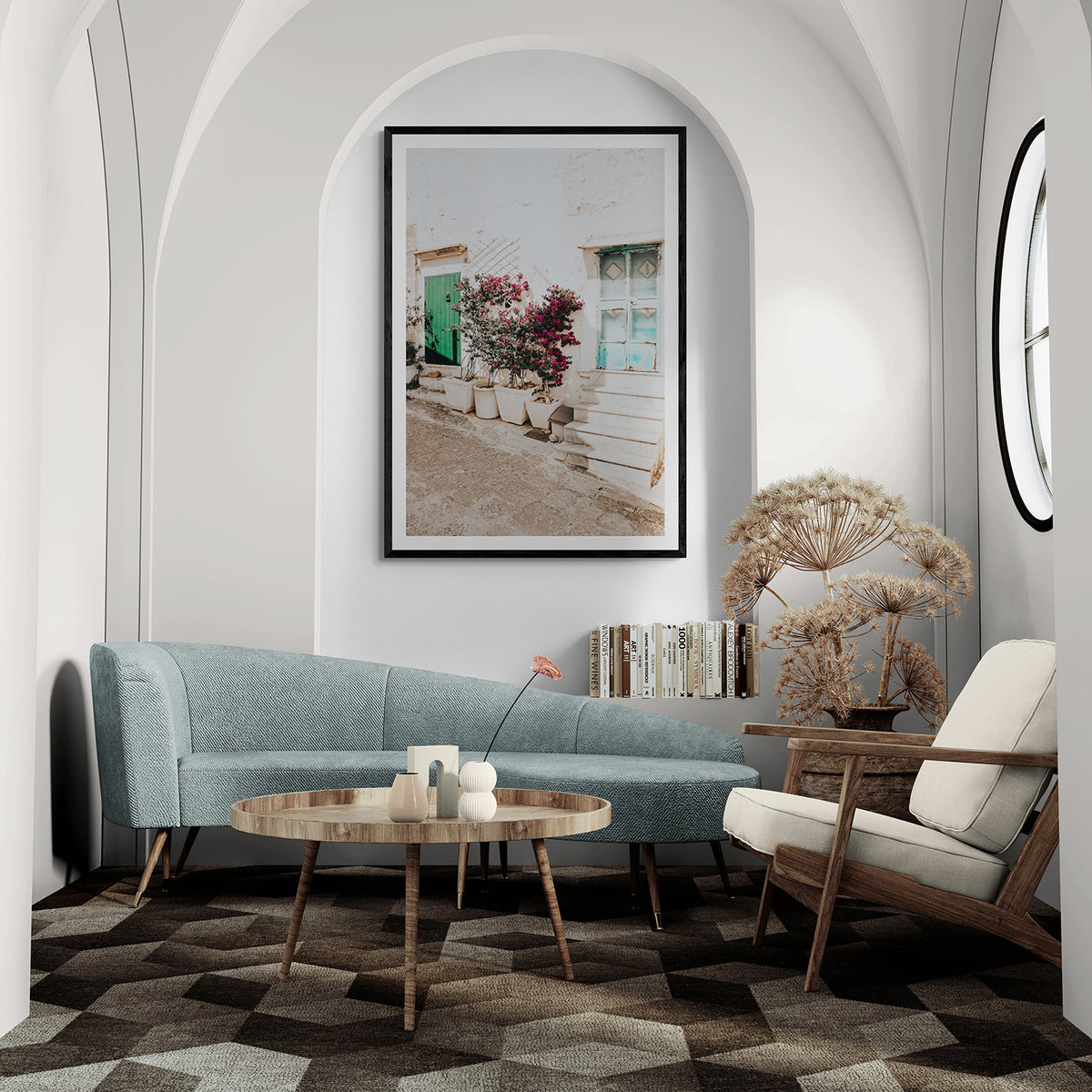 Floral Canvas Puglia Ostuni wall art fine art canvas in black frame styled in a room