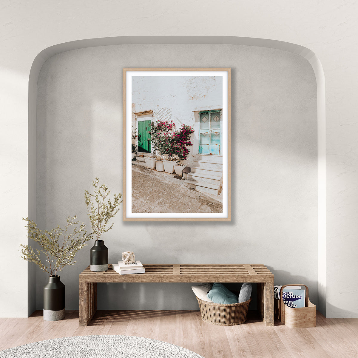 Floral Canvas Puglia Ostuni wall art fine art canvas in natural oak frame styled in a room