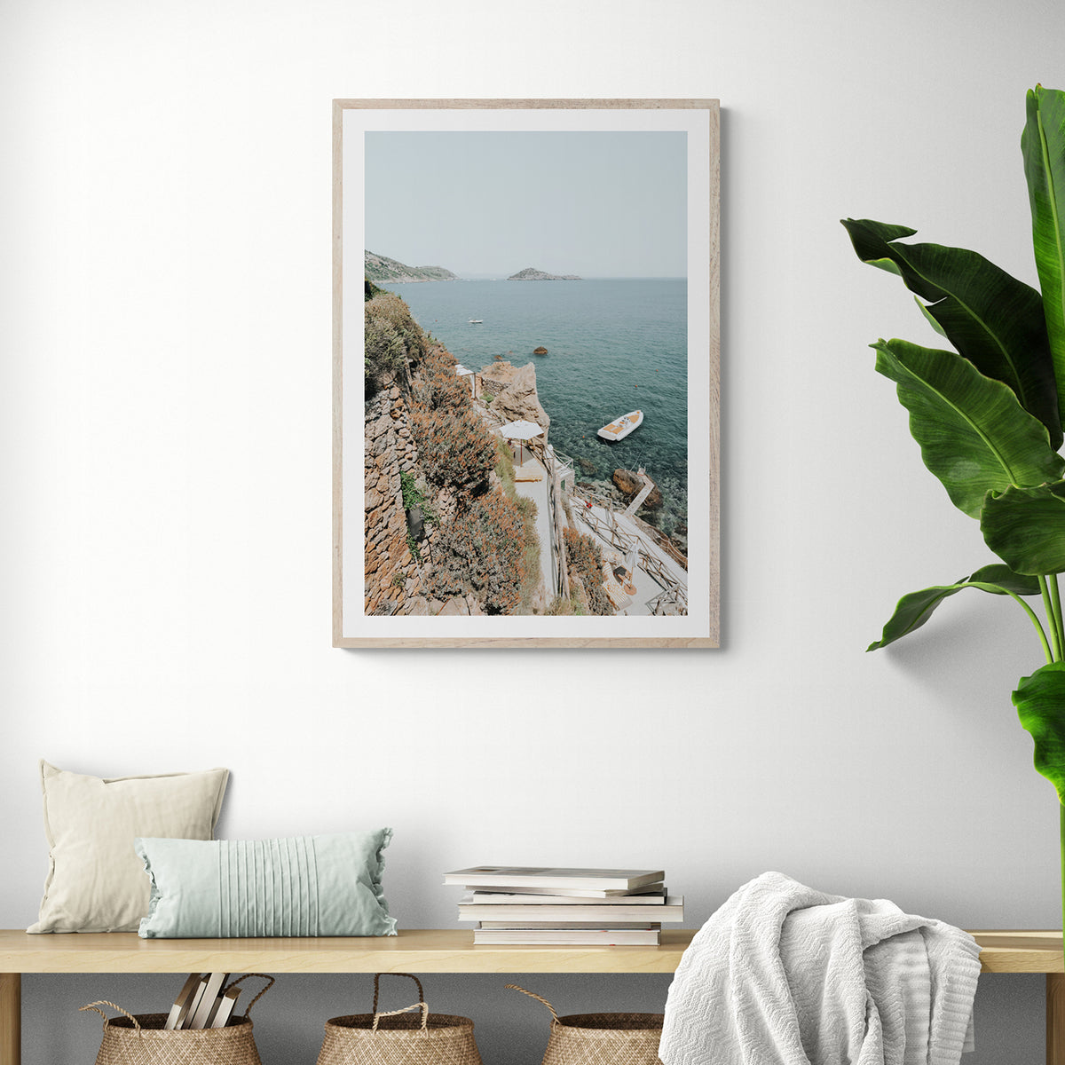 Front Row Seat Tuscany coastal wall art natural oak framed print styled in a room
