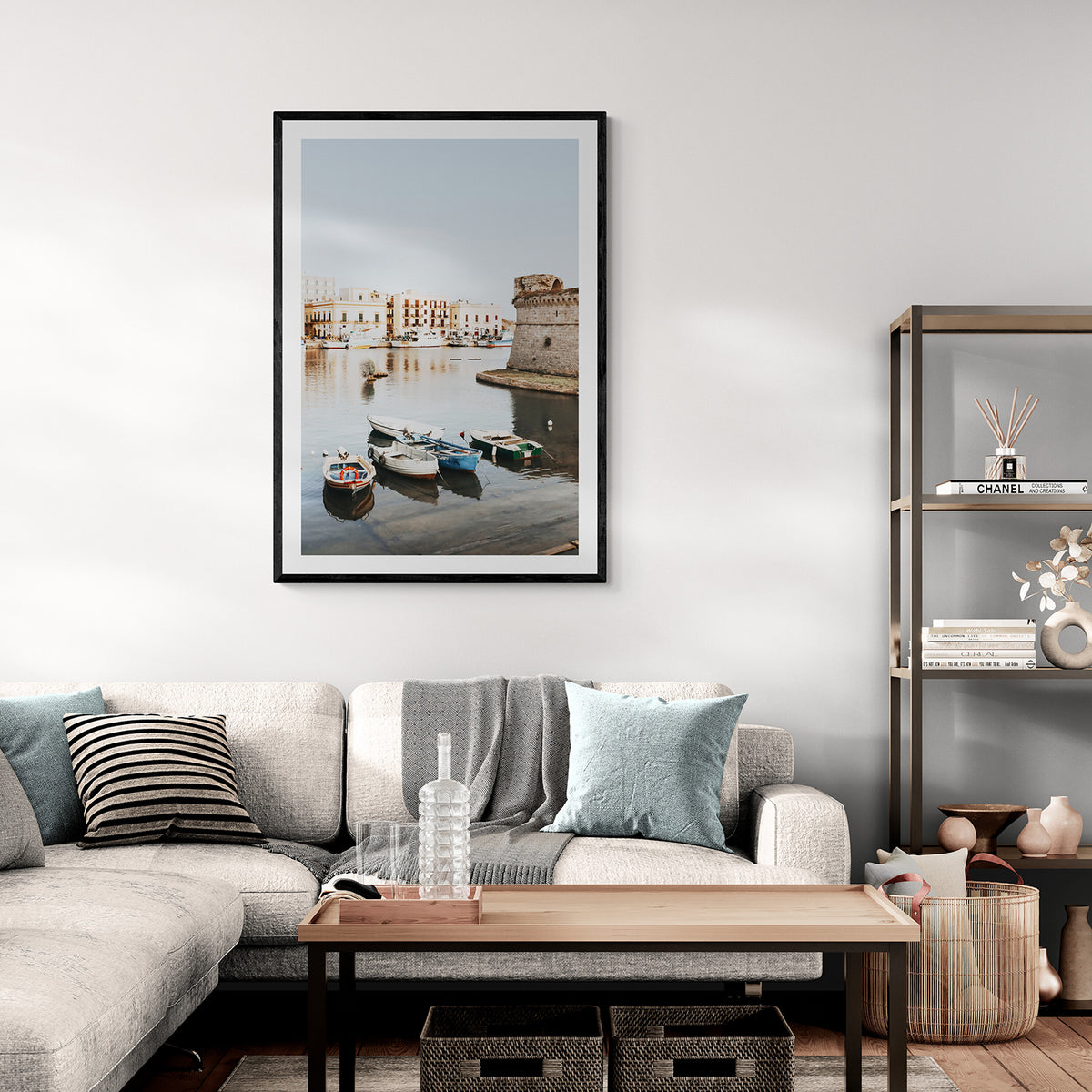 Gallipoli Harbour Puglia coastal wall art black framed print styled in a room