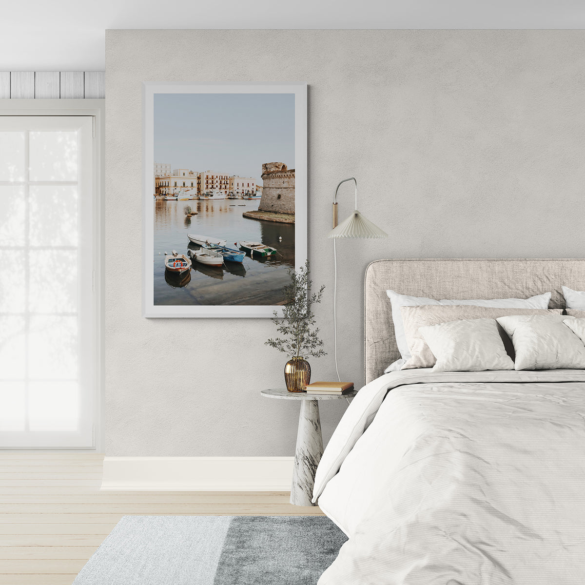Gallipoli Harbour Puglia coastal wall art white framed print styled in a room