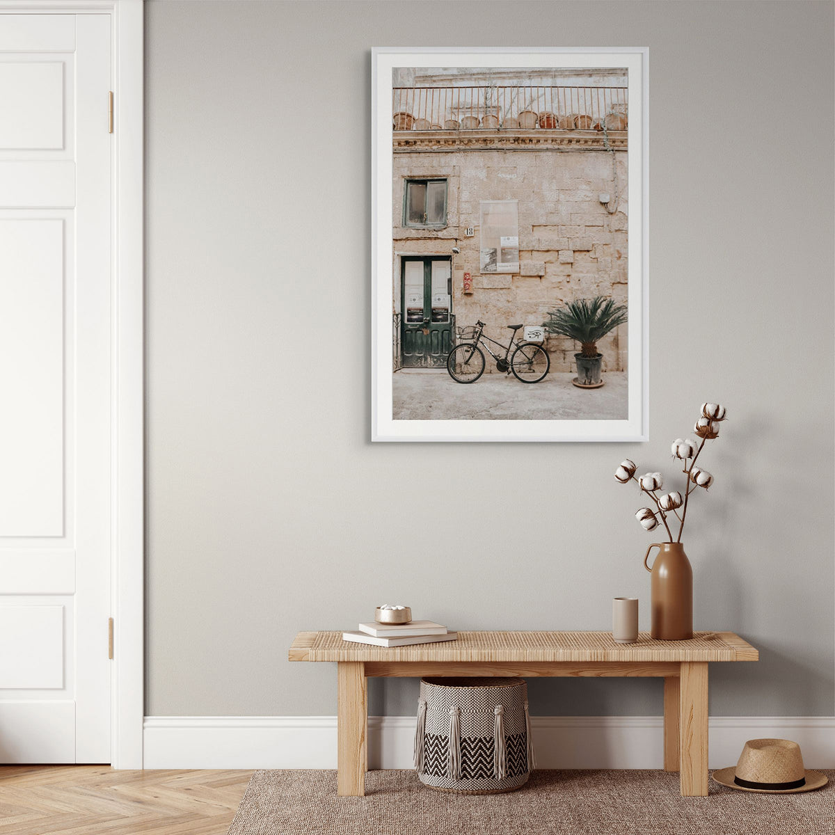 Golden Facades Puglia Lecce Italian wall art white framed print styled in a room
