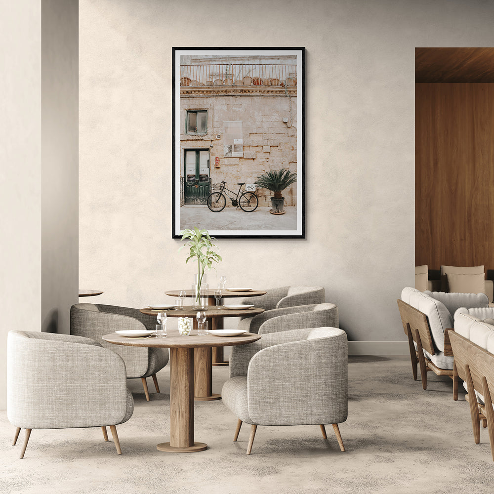 Golden Facades Puglia Lecce Italian wall art black framed print styled in a room