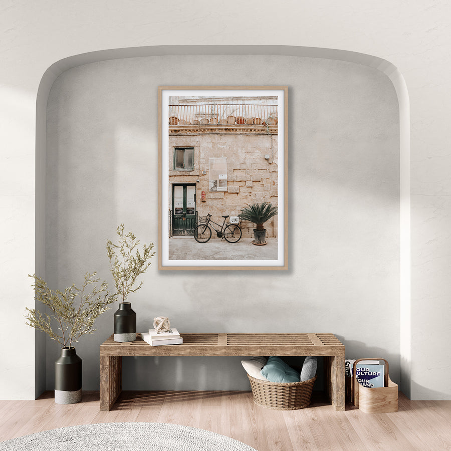 Golden Facades Puglia Lecce Italian wall art natural oak framed print styled in a room