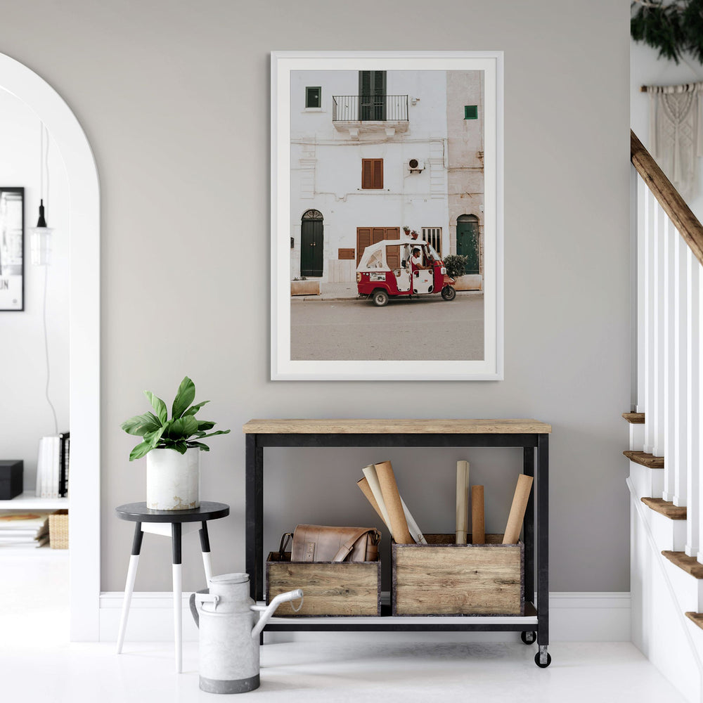 Groovy Piaggio Puglia Italian wall art white framed print styled in a room
