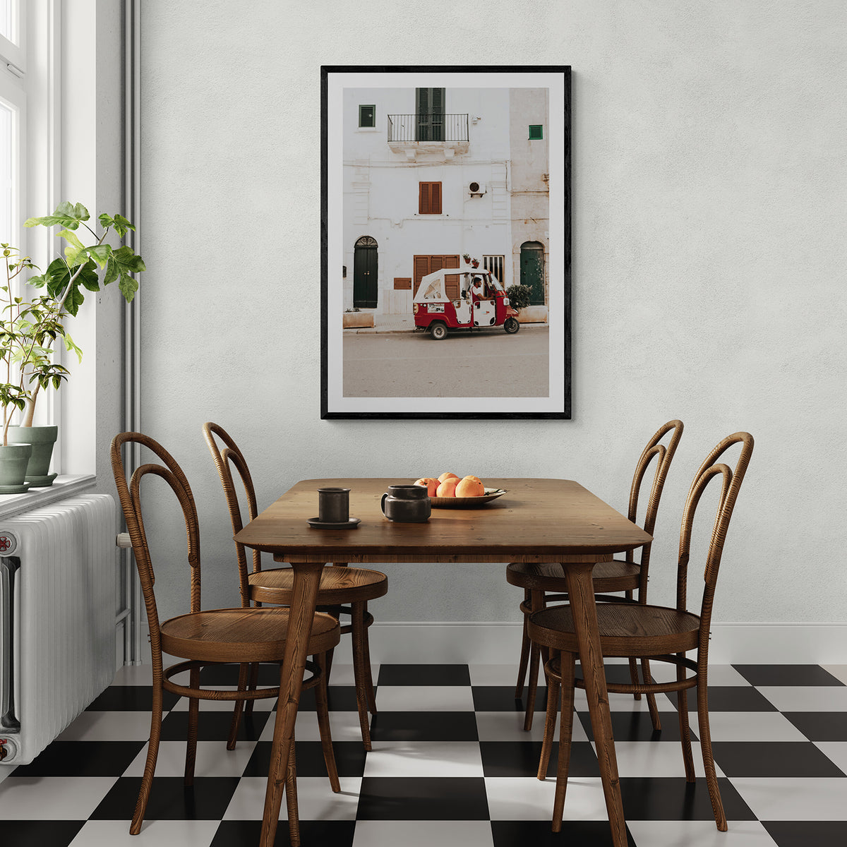 Groovy Piaggio Puglia Italian wall art black framed print styled in a room