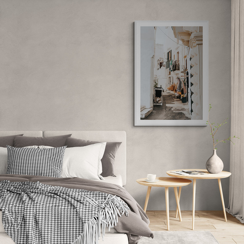 Hanging Harmony Puglia Italian wall art white framed print styled in a room