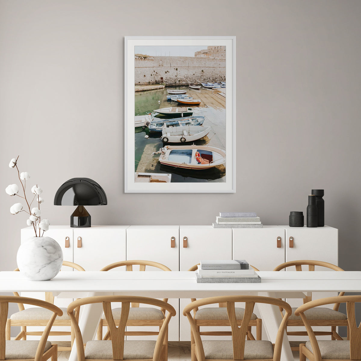 Harbour Palette Puglia coastal photography wall art white framed print styled in a room