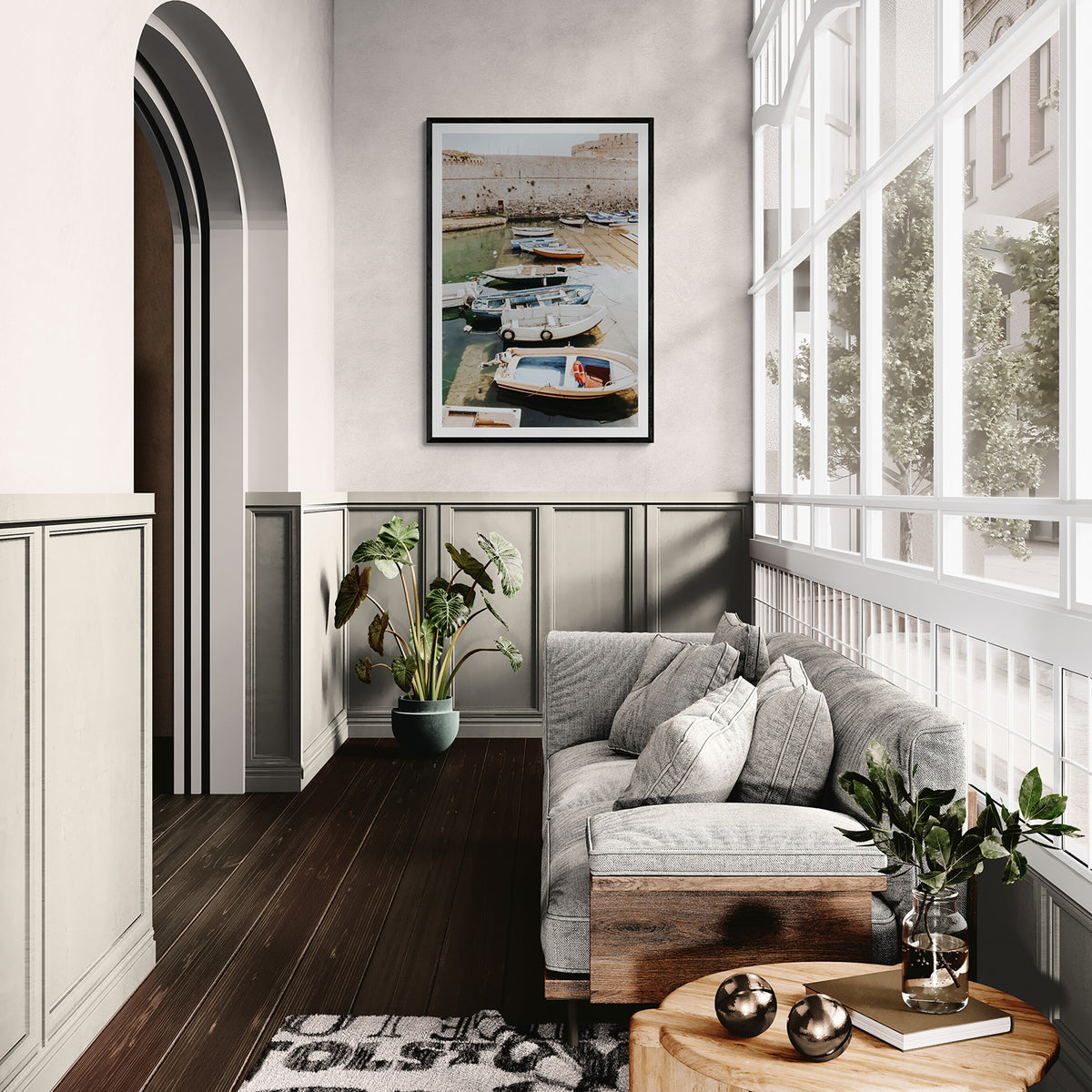 Harbour Palette Puglia coastal photography wall art black framed print styled in a room