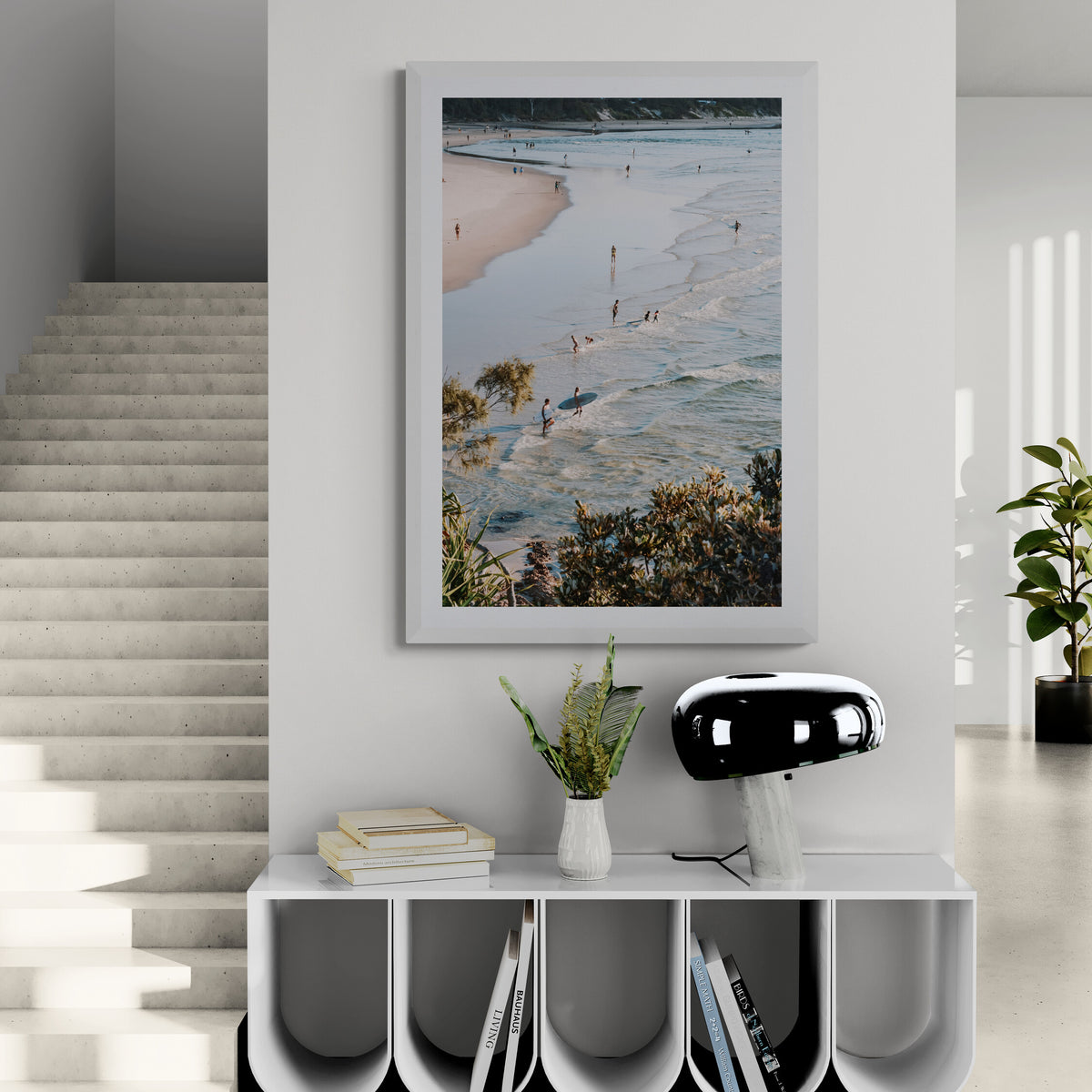 Healing Waters Byron Bay beach coastal decor wall art white framed print styled in a room view 3