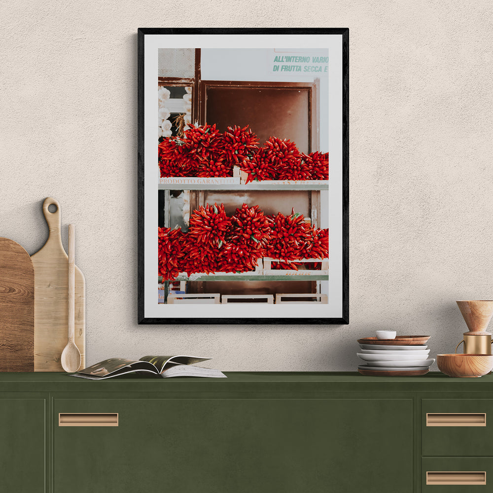 Hot Harvest Puglia Italian wall art black framed print styled in a room