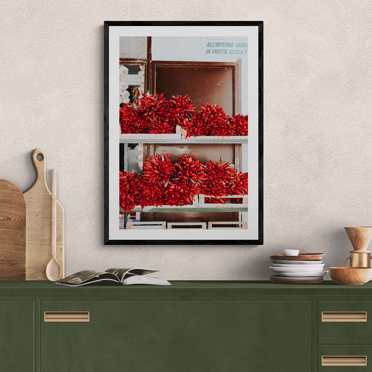 Hot Harvest Puglia Italian wall art black framed print styled in a room