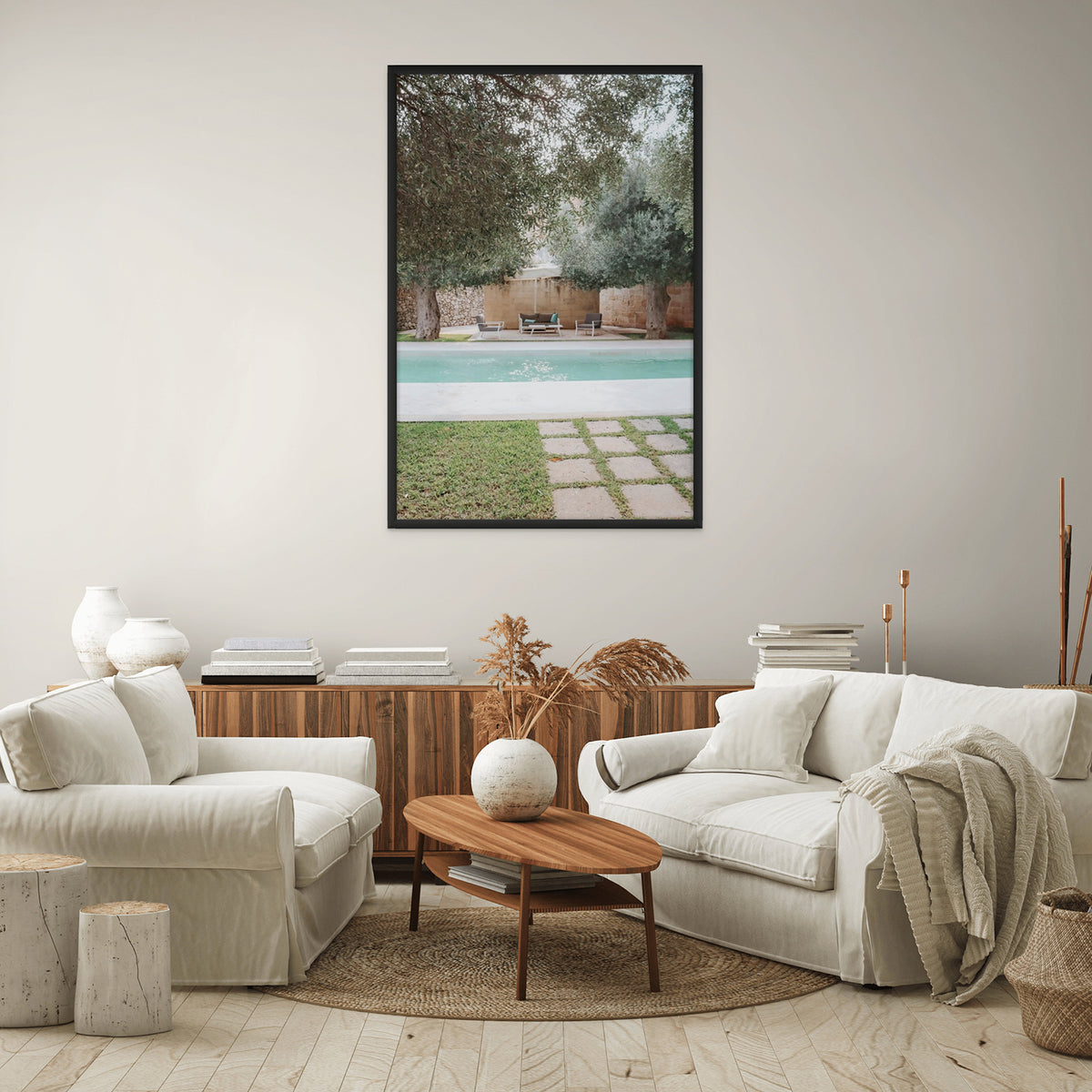 Idyllic Escape Puglia Mediterranean wall art black framed print styled in a room